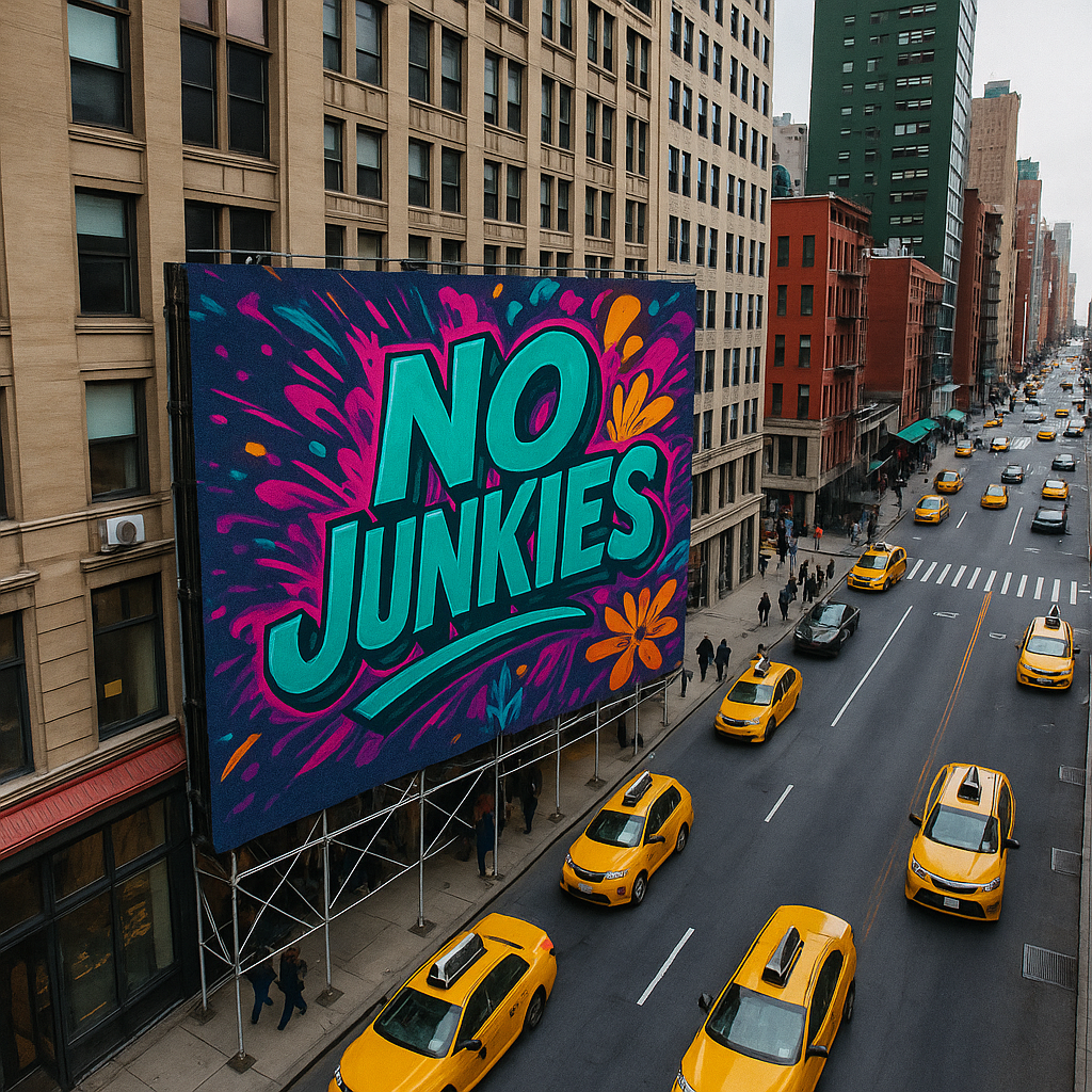 NoJunkies vibrant street art mural in the city